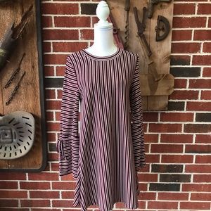 Maroon Dress with White Stripes and Flared Sleeves